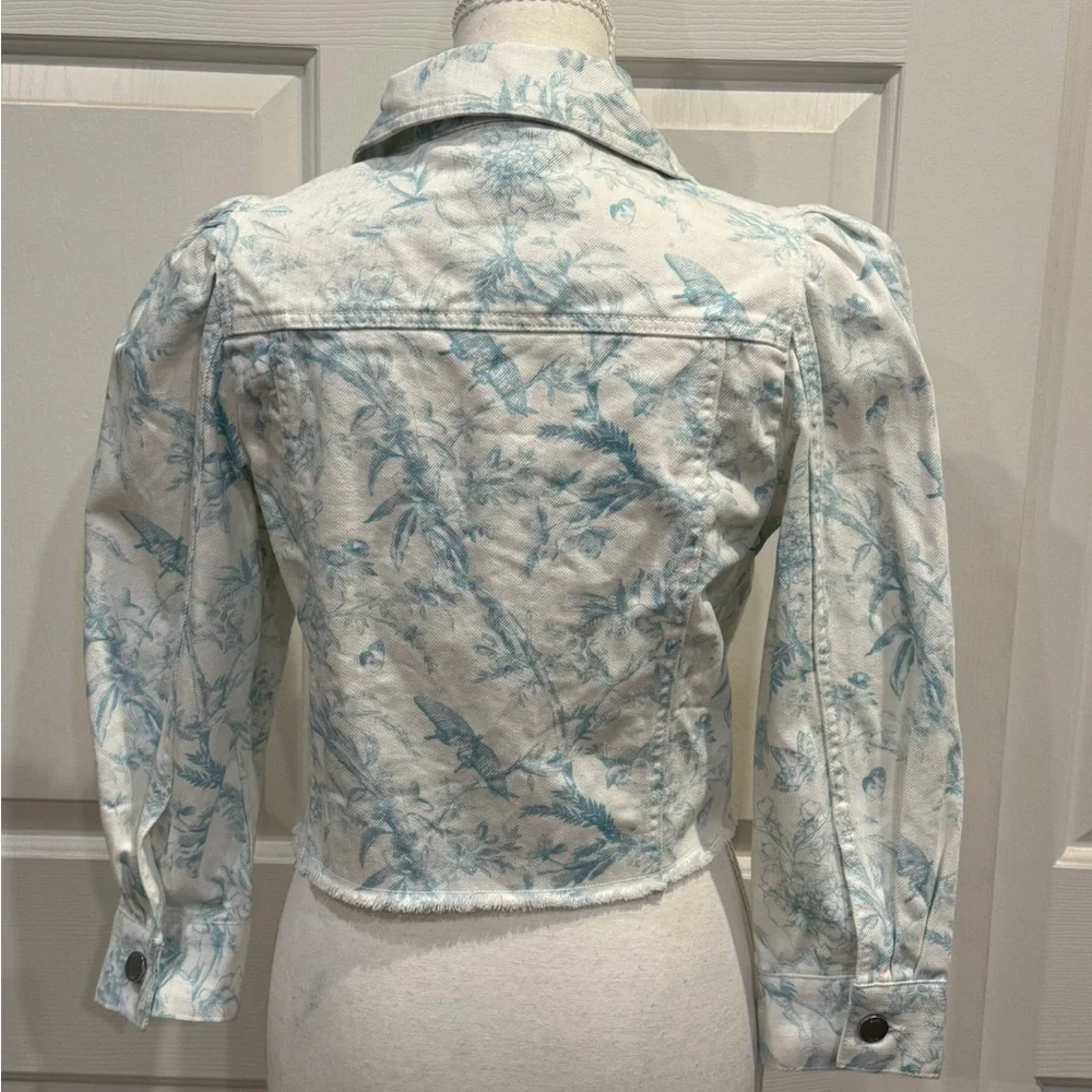 Elie Tahari Cropped Denim Jacket Floral Puff Sleeve Blue White Size S - Picture 6 of 7